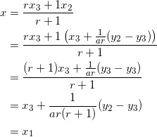 \begin{equation*} \begin{split} x&=\frac{rx_3+1x_2}{r+1}\\ &=\frac{rx_3+1\left(x_3+\frac{1}{ar}(y_2-y_3)\right)}{r+1}\\ &=\frac{(r+1)x_3+\frac{1}{ar}(y_3-y_3)}{r+1}\\ &=x_3+\frac{1}{ar(r+1)}(y_2-y_3)\\ &=x_1 \end{split} \end{equation*}