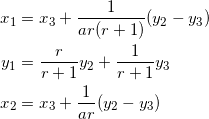 \begin{equation*} \begin{split} x_1&=x_3+\frac{1}{ar(r+1)}(y_2-y_3)\\ y_1&=\frac{r}{r+1}y_2+\frac{1}{r+1}y_3\\ x_2&=x_3+\frac{1}{ar}(y_2-y_3) \end{split} \end{equation*}