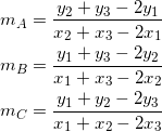 \begin{equation*} \begin{split} m_A&=\frac{y_2+y_3-2y_1}{x_2+x_3-2x_1}\\ m_B&=\frac{y_1+y_3-2y_2}{x_1+x_3-2x_2}\\ m_C&=\frac{y_1+y_2-2y_3}{x_1+x_2-2x_3} \end{split} \end{equation*}