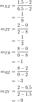 \begin{equation*} \begin{split} m_{XZ}&=\frac{1.5-2}{6.5-2}\\ &=-\frac{1}{9}\\ m_{ZT}&=\frac{2-0}{2-8}\\ &=-\frac{1}{3}\\ m_{TR}&=\frac{8-0}{0-8}\\ &=-1\\ m_{RZ}&=\frac{8-2}{0-2}\\ &=-3\\ m_{ZY}&=\frac{2-6.5}{2-1.5}\\ &=-9 \end{split} \end{equation}