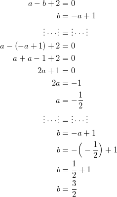 \begin{equation*} \begin{split} a-b+2&=0\\ b&=-a+1\\ \vdots\cdots\vdots&=\vdots\cdots\vdots\\ a-(-a+1)+2&=0\\ a+a-1+2&=0\\ 2a+1&=0\\ 2a&=-1\\ a&=-\frac{1}{2}\\ \vdots\cdots\vdots&=\vdots\cdots\vdots\\ b&=-a+1\\ b&=-\Big(-\frac{1}{2}\Big)+1\\ b&=\frac{1}{2}+1\\ b&=\frac{3}{2} \end{split} \end{equation}