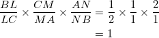 \begin{equation*} \begin{split} \frac{BL}{LC}\times\frac{CM}{MA}\times\frac{AN}{NB}&=\frac{1}{2}\times\frac{1}{1}\times\frac{2}{1}\\ &=1 \end{split} \end{equation*}