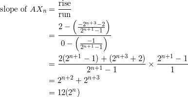 \begin{equation*} \begin{split} \textrm{slope of}~AX_{n}&=\frac{\textrm{rise}}{\textrm{run}}\\ &=\frac{2-\Big(\frac{-2^{n+3}-2}{2^{n+1}-1}\Big)}{0-\Big(\frac{-1}{2^{n+1}-1}\Big)}\\ &=\frac{2(2^{n+1}-1)+(2^{n+3}+2)}{2^{n+1}-1}\times\frac{2^{n+1}-1}{1}\\ &=2^{n+2}+2^{n+3}\\ &=12(2^{n}) \end{split} \end{equation*}